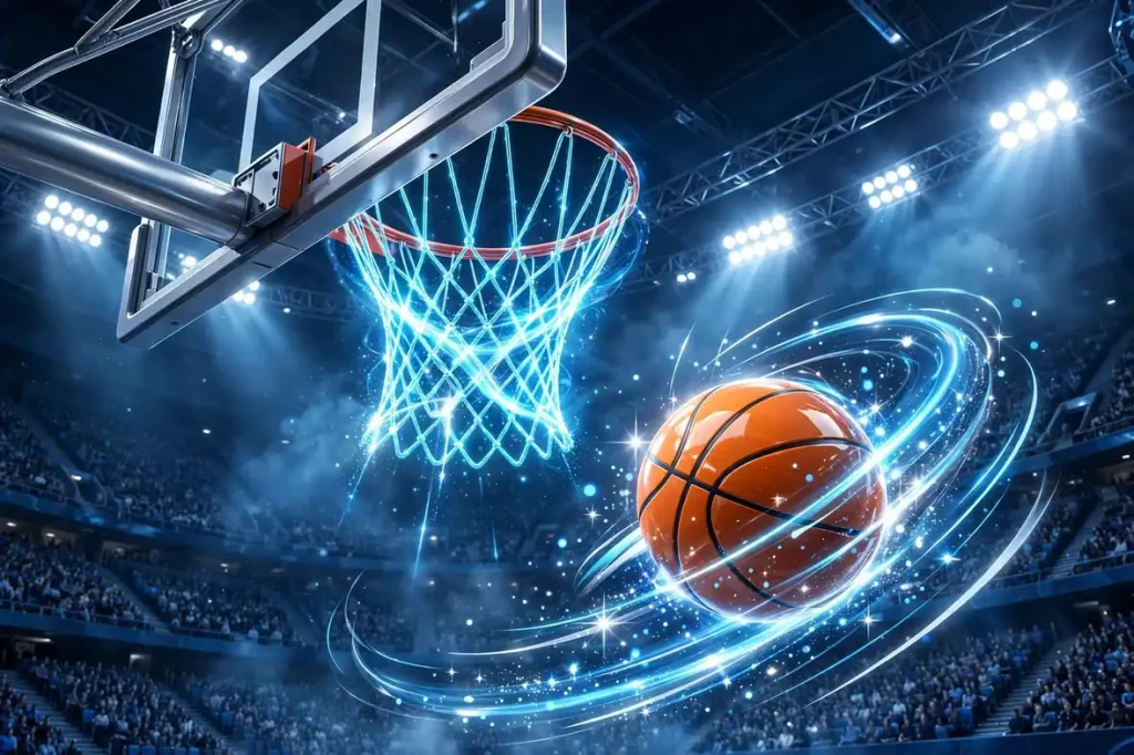 Vibrant 3D render of a basketball hoop with a glowing net and a basketball mid-air in a floodlit arena