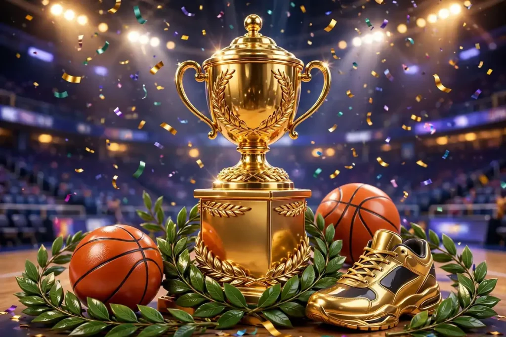 Eye-catching 3D render of a golden championship trophy with laurel wreaths, basketballs and falling confetti