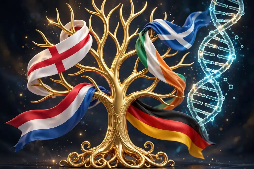 3D illustration of a golden family tree wrapped in Dutch, English, Irish, German and Scottish flag-colored ribbons with a floating DNA helix