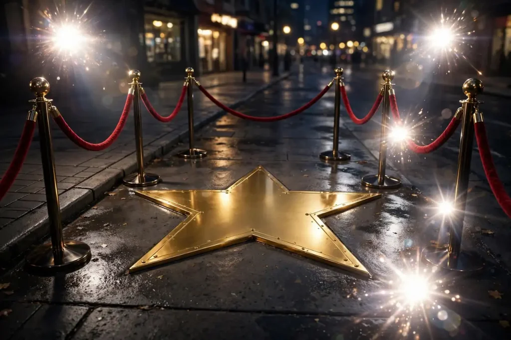 Glossy 3D render of a golden star on a Hollywood-style sidewalk with velvet ropes and camera flashes at night