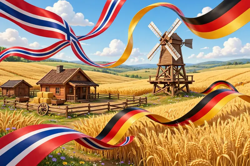 Vibrant 3D illustration of a South Dakota ranch with windmill and flowing Norwegian and German flag ribbons, symbolizing Kristi Noem's heritage