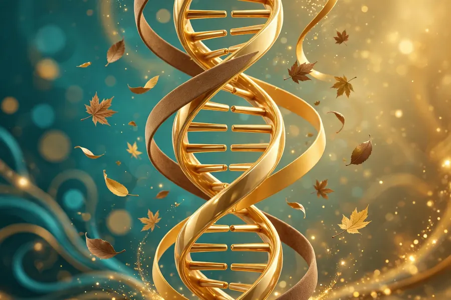 Vibrant 3D illustration of a golden DNA helix with intertwining brown and gold ribbons, symbolizing Kyle Kuzma's dual heritage