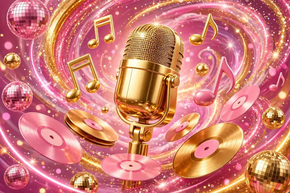 Vibrant 3D render of a shiny golden microphone surrounded by floating musical notes, vinyl records and disco balls