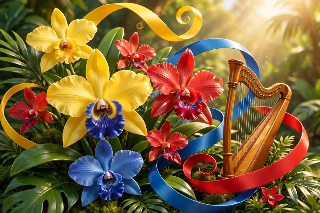 Eye-catching 3D render of glossy tropical orchids with yellow, blue and red ribbon swirls and lush green leaves