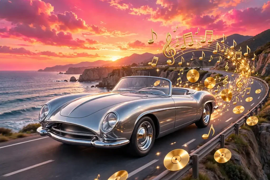 Glossy 3D retro chrome convertible trailing golden music notes and vinyl records along a coastal highway at neon sunset