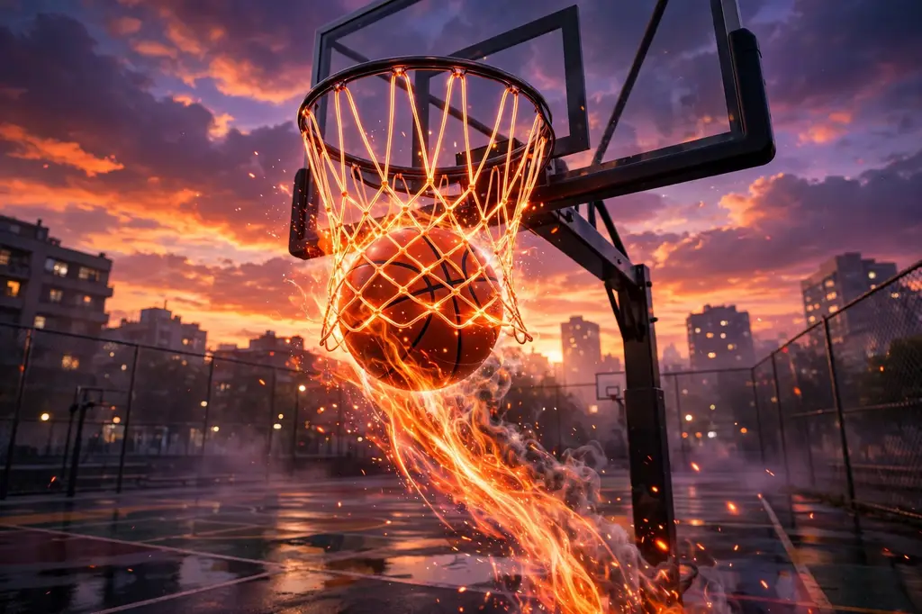 3D render of a basketball swooshing through a glowing hoop at sunset with fiery motion trails