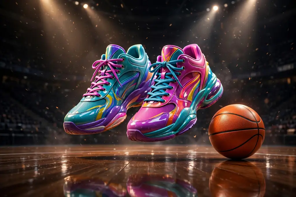 3D render of colorful basketball sneakers floating above a glossy wooden court