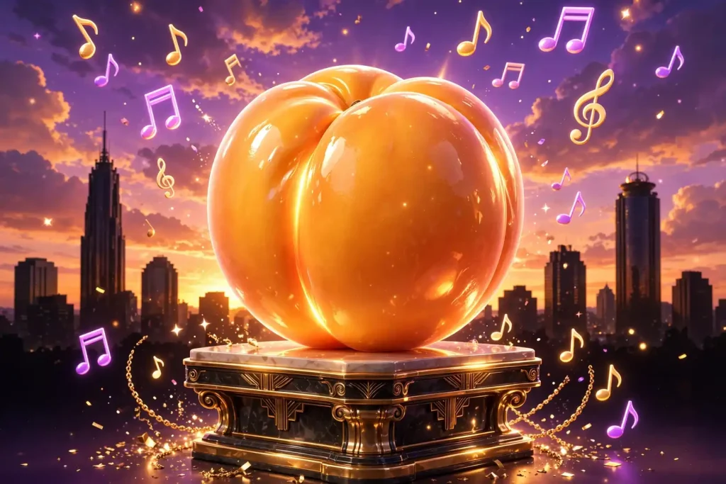 Eye-catching 3D render of a giant glowing peach with the Atlanta skyline at sunset and floating musical notes