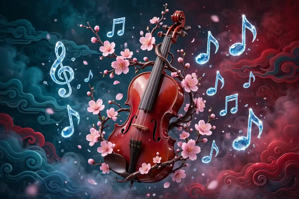 3D illustration of a violin entwined with cherry blossoms and ice-crystal musical notes, symbolizing Laufey's Chinese classical roots