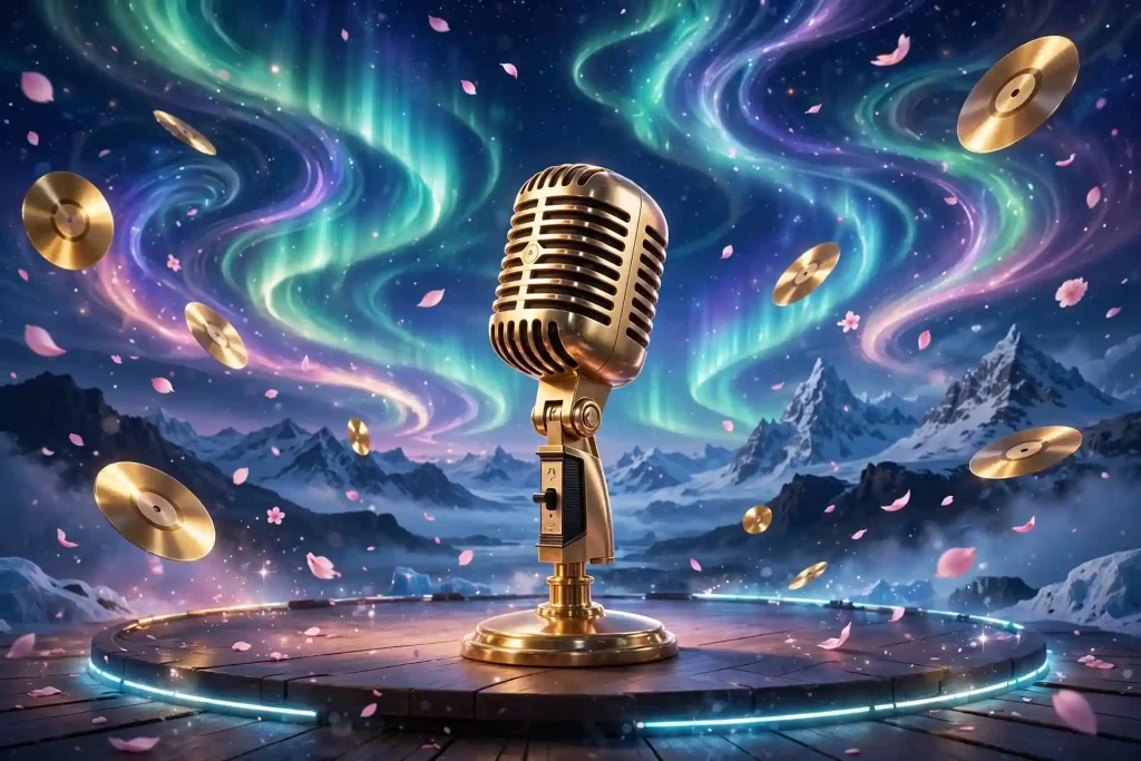 3D render of a vintage microphone on stage beneath swirling aurora lights with vinyl records and cherry blossoms, celebrating Laufey's jazz career