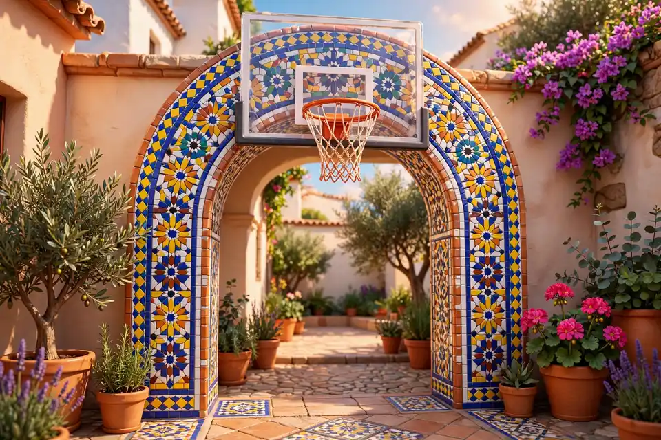 Glossy 3D illustration of a basketball hoop framed by a Spanish-style mosaic tiled arch