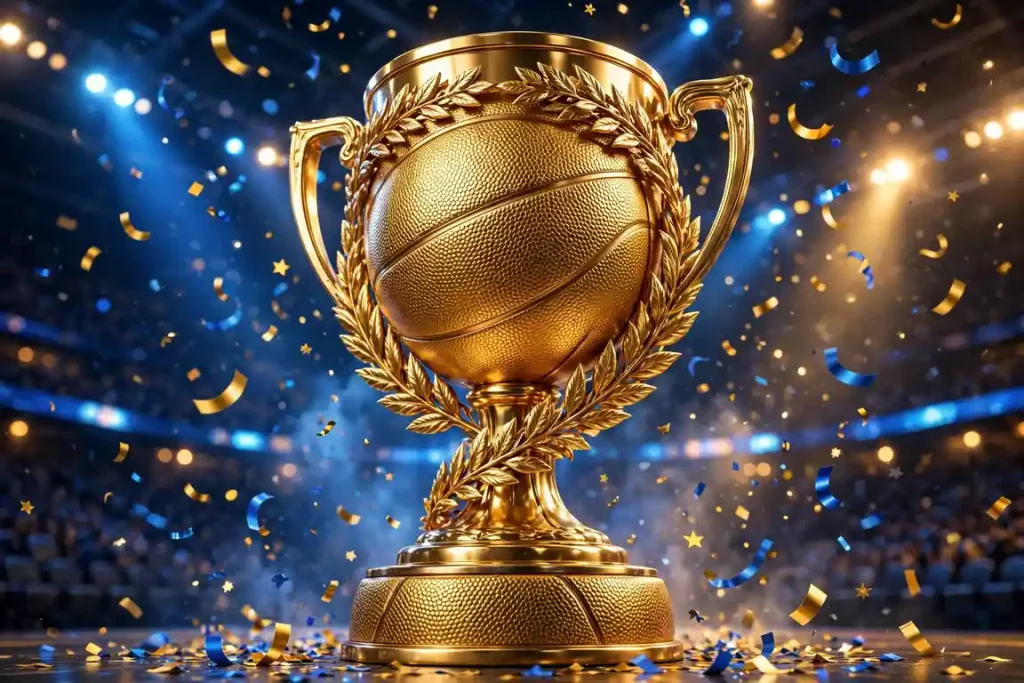 Glossy 3D render of a golden championship trophy with laurel wreath under arena lights