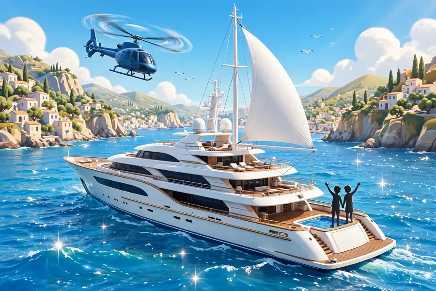 3D illustration of a luxury superyacht on sparkling blue water with a helicopter flying overhead