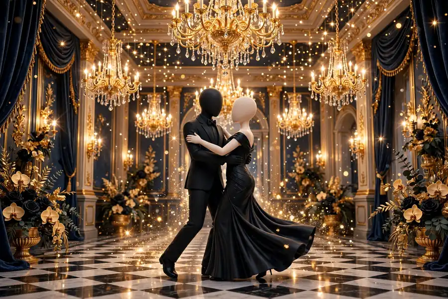 3D render of a glamorous black-tie gala ballroom with a stylized couple dancing under chandeliers