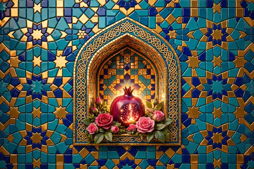 Vibrant 3D render of an ornate Persian mosaic tile wall with a glowing pomegranate and roses in an arched niche