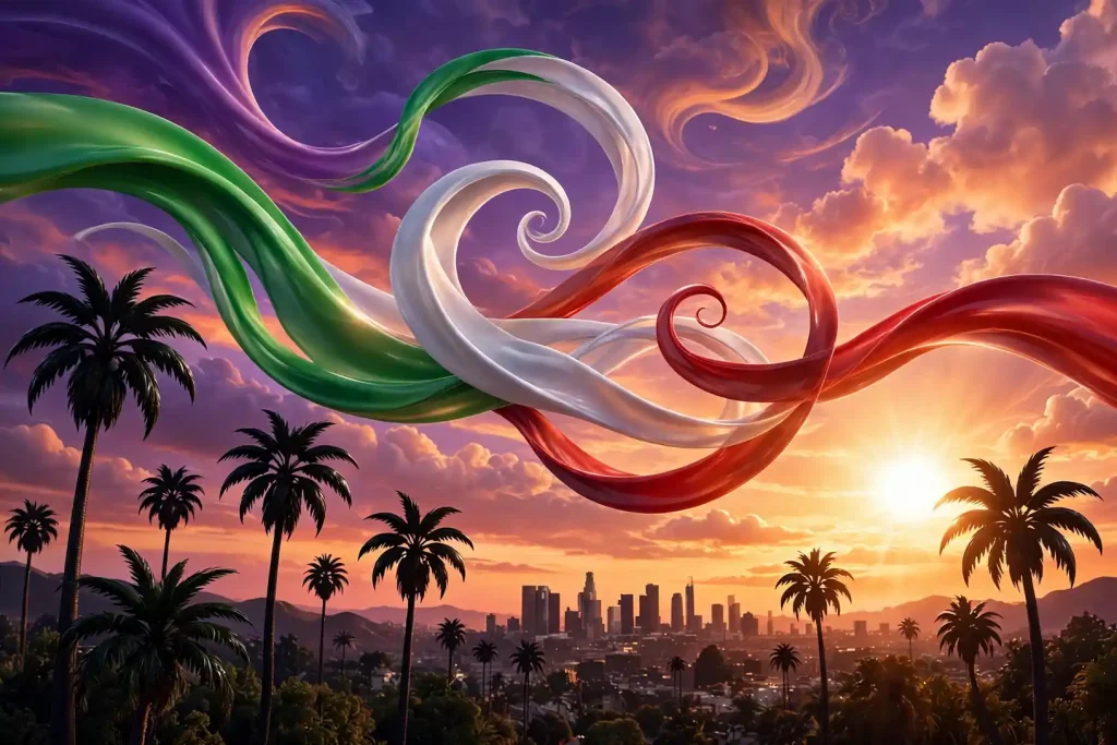 Eye-catching 3D render of a Los Angeles sunset with palm trees and flowing green, white and red ribbons