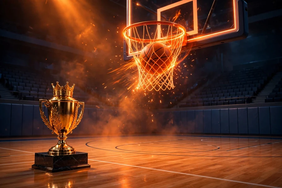 3D basketball court scene with golden trophy and basketball, illustrating LeBron James's championship legacy