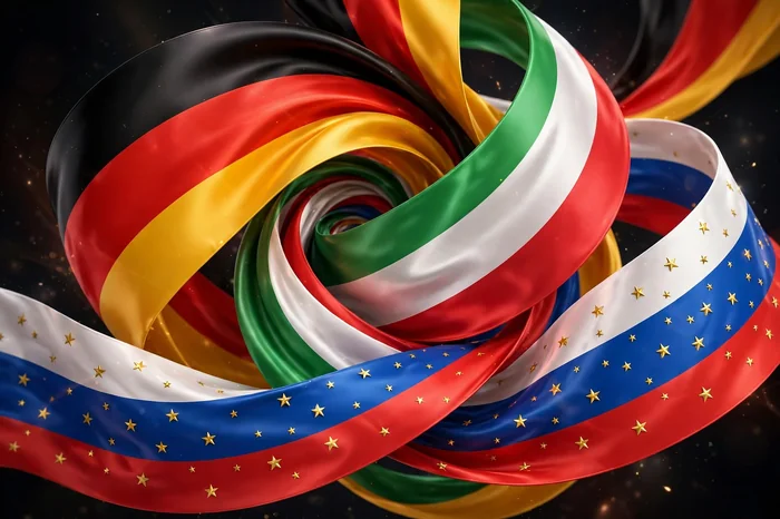 Glossy 3D illustration of German, Italian, and Russian flag ribbons swirling in 3D silk