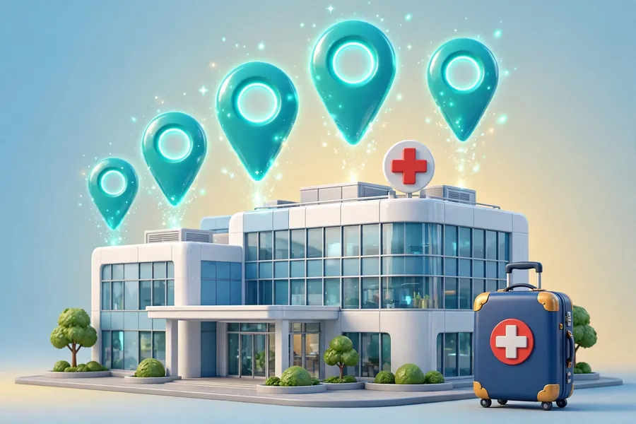 3D illustration of a hospital building with glowing location pins and a medical travel suitcase