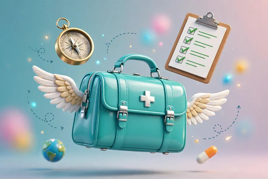 3D illustration of a winged doctor's medical bag with clipboard checklist and compass for travel healthcare work