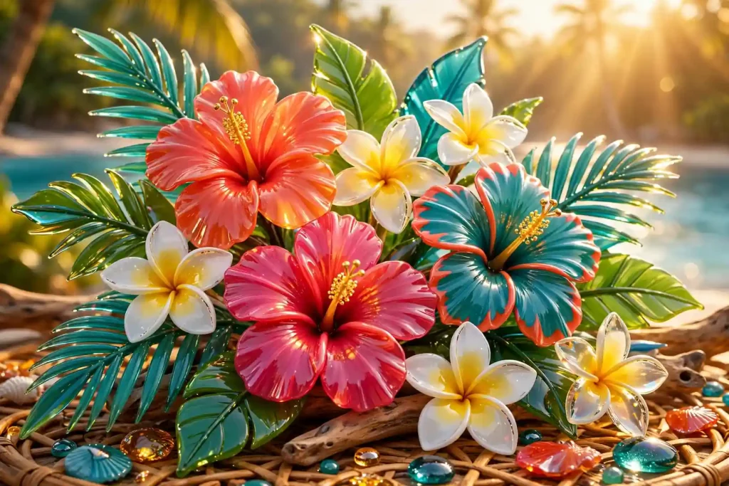 3D tropical flowers sculpted from glossy glass in vivid Caribbean colors