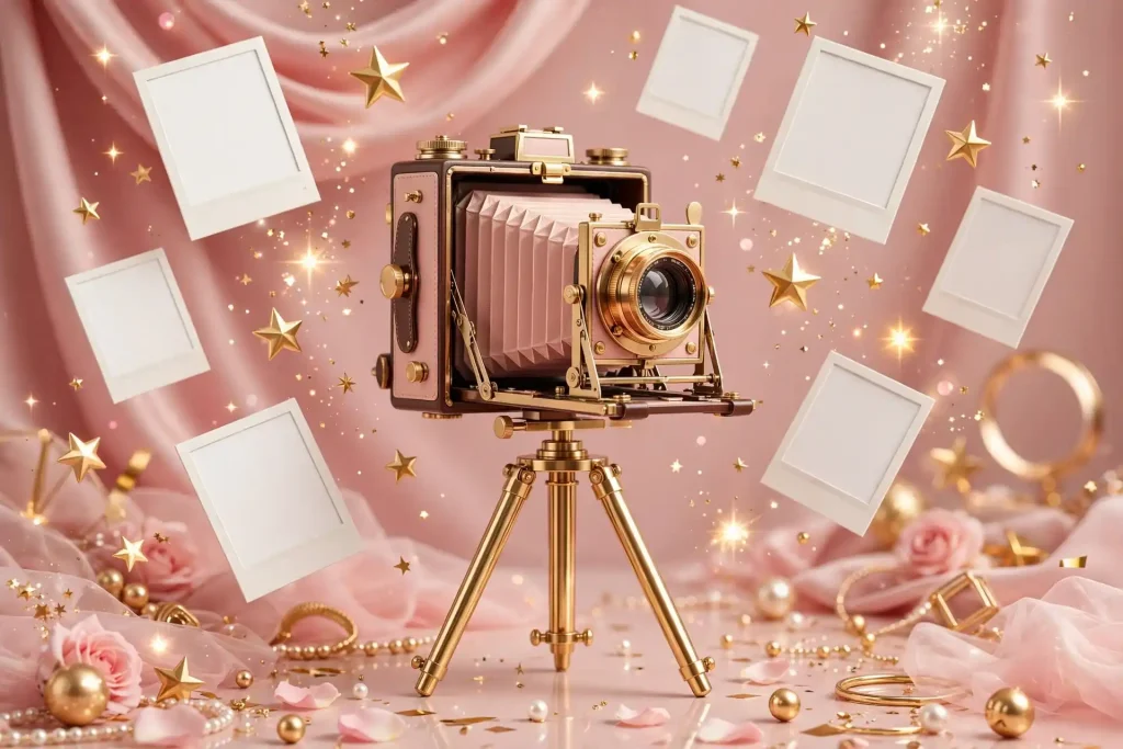 3D vintage camera on tripod with blank polaroid-style frames and golden stars