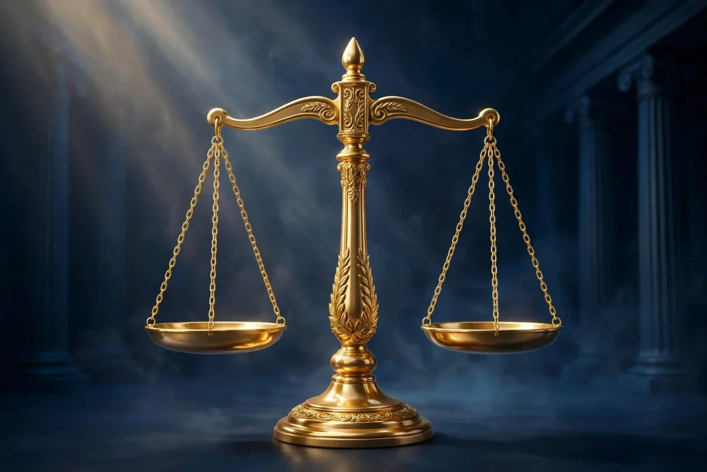 Glossy 3D render of a glowing golden balance scale of justice against a deep navy background with classical columns