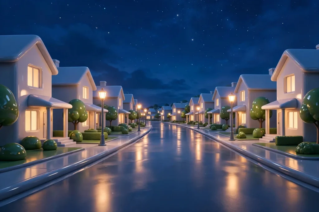 Glossy 3D render of a quiet abstract suburban street at night with glowing streetlights under a starry sky