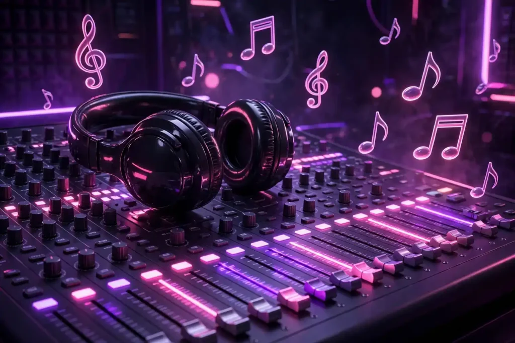 Glossy 3D render of black headphones resting on a studio mixing console with glowing pink and purple sliders, neon musical notes floating in the air.