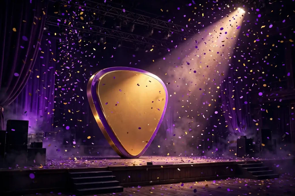 3D render of an empty concert stage lit by a dramatic spotlight beam, featuring a giant golden guitar pick prop with purple trim as confetti rains down.