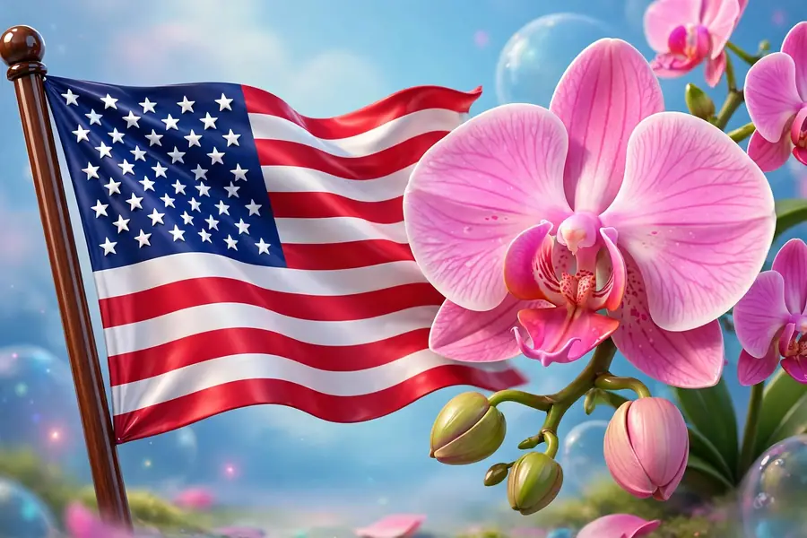Glossy 3D render of the American flag with a Colombian orchid flower in vibrant 3D