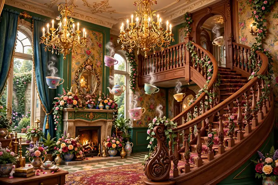 3D British manor interior with a grand staircase evoking Maggie Smith's Downton Abbey roles