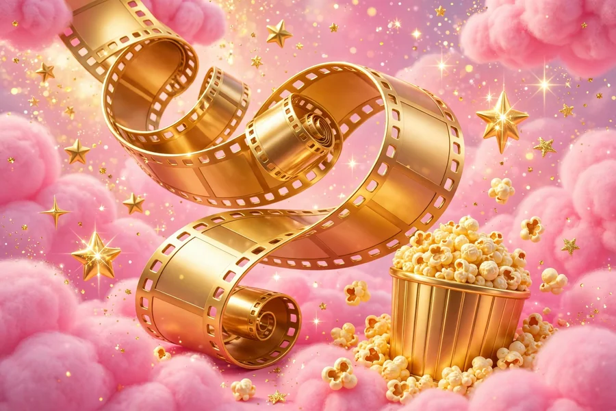 3D golden film strip and stars artwork representing Margot Robbie's Hollywood stardom
