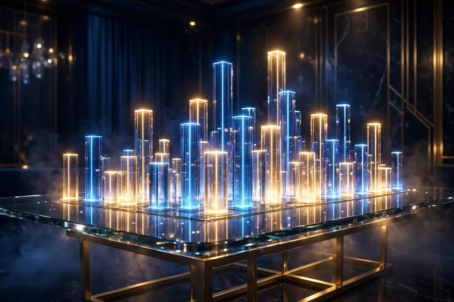 3D render of a glass boardroom table with glowing bar charts rising like a city skyline, corporate leadership concept