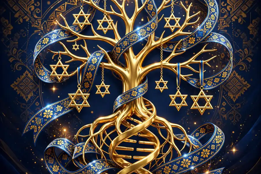 Vibrant 3D illustration of a golden family tree with Star of David ornaments and Eastern European folk-pattern ribbons, symbolizing Mark Cuban's Ashkenazi Jewish roots