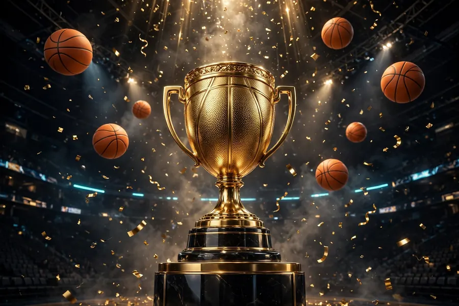 Glossy 3D render of a golden basketball trophy cup in a glowing arena with floating basketballs and confetti