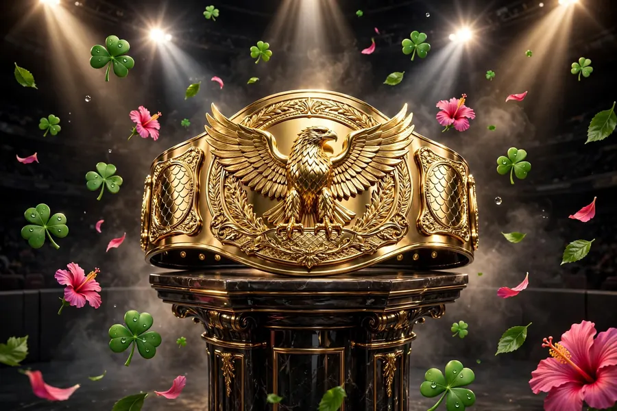 Glossy 3D render of a wrestling championship belt with a golden eagle centerpiece, floating shamrocks and hibiscus flowers under arena spotlights