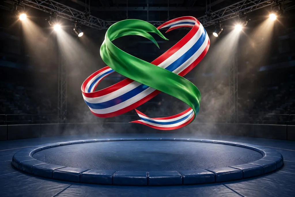Glossy 3D render of an empty wrestling mat under dramatic overhead lights with Irish green and Puerto Rican colored ribbons floating above