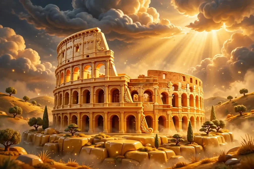 3D Colosseum sculpted from golden stone with dramatic clouds and sunbeams
