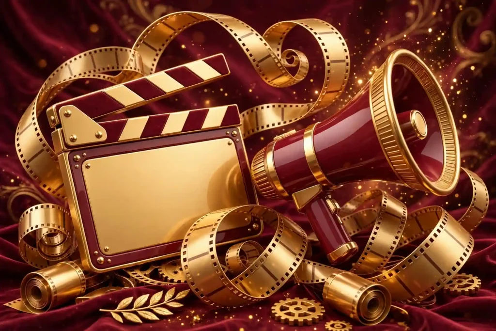 3D film clapperboard and director's megaphone with golden film strips