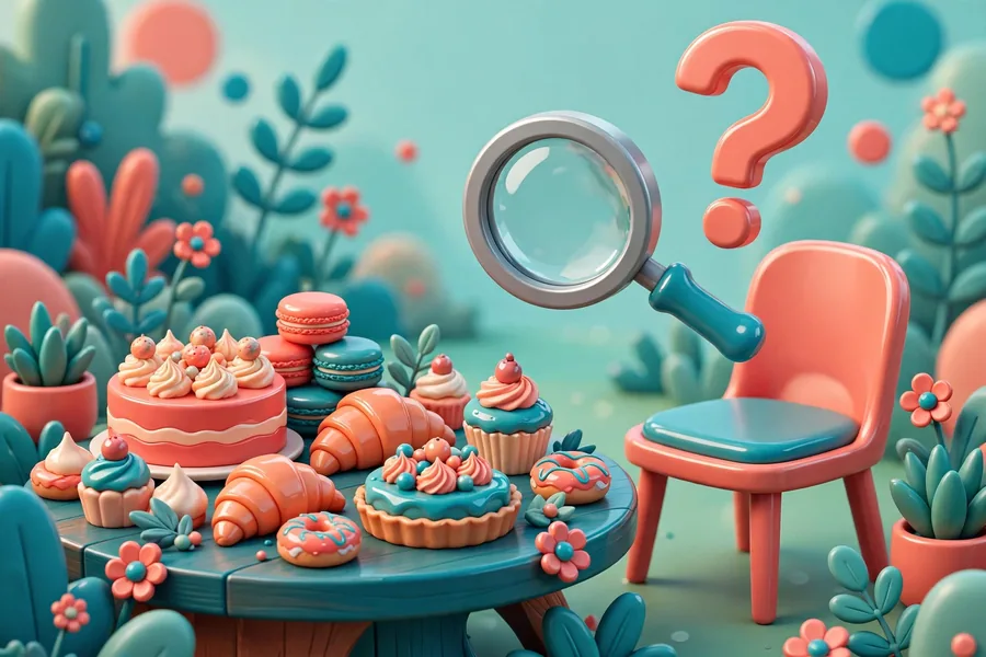Stylized 3D illustration of a garden party table with a magnifying glass over an empty chair, symbolizing the Martha Stewart and Tom Hayes question