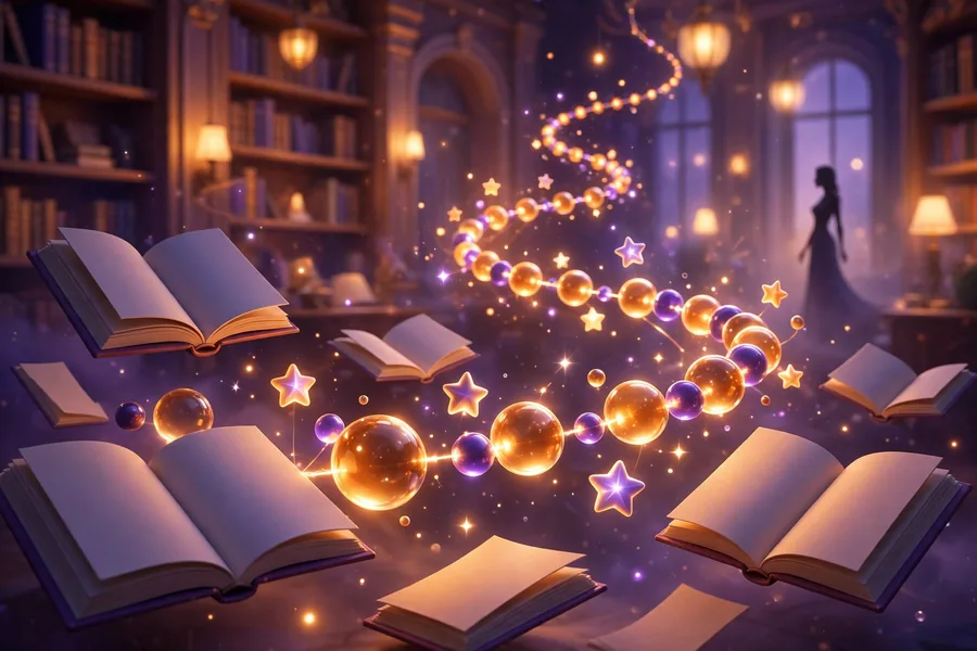 Warm 3D illustration of a glowing timeline of beads and stars in a cozy library, representing Martha Stewart's relationship history
