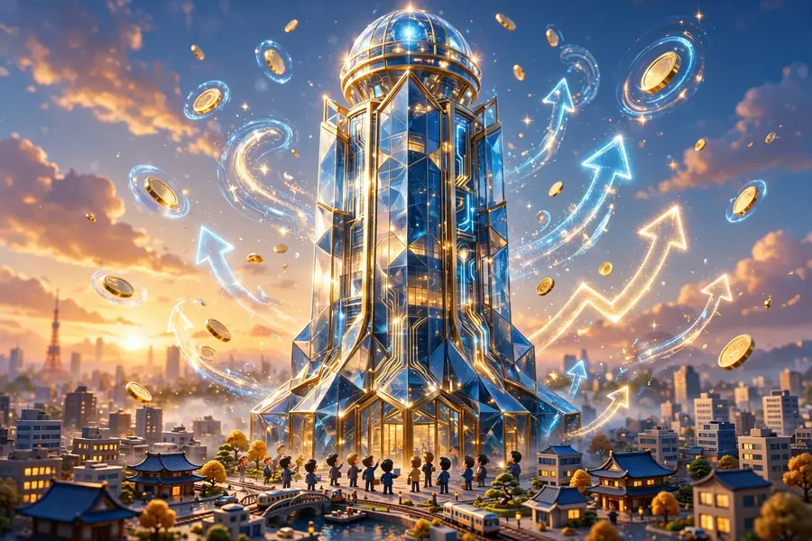 3D illustration of a gleaming tech investment tower rising over a miniature Tokyo cityscape with holographic charts