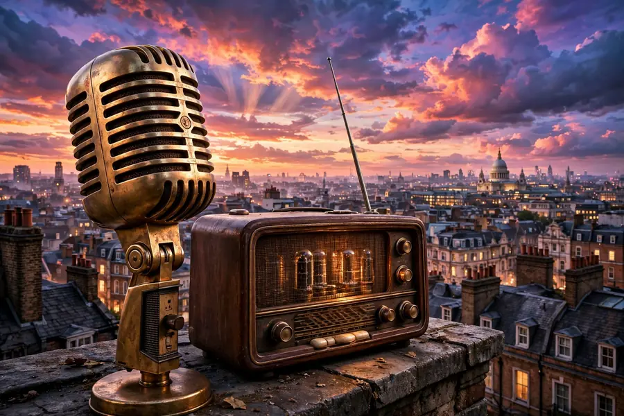 3D render of a vintage microphone and old radio over London rooftops at dusk