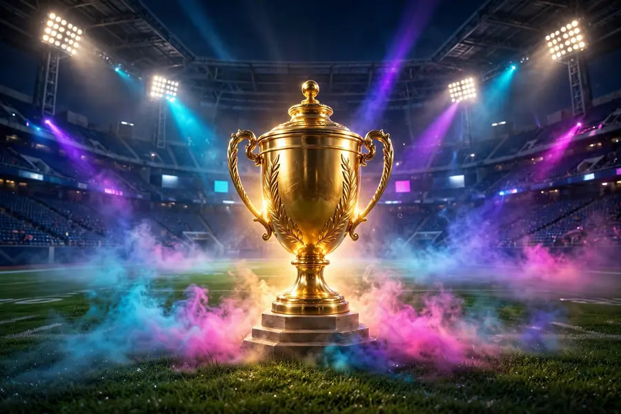 3D render of a golden trophy glowing under stadium spotlights at night