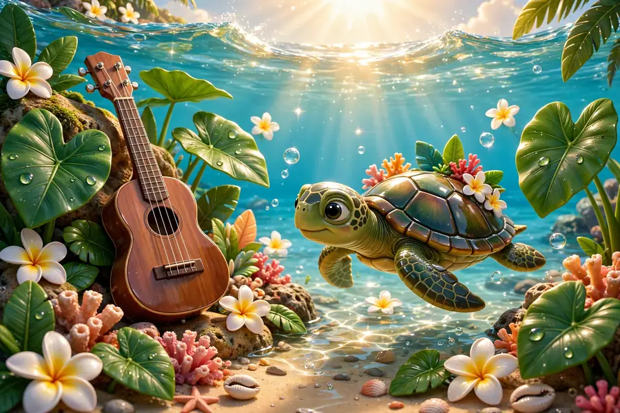 3D illustration of Hawaiian cultural symbols and tropical elements representing Max Holloway's Hawaiian heritage