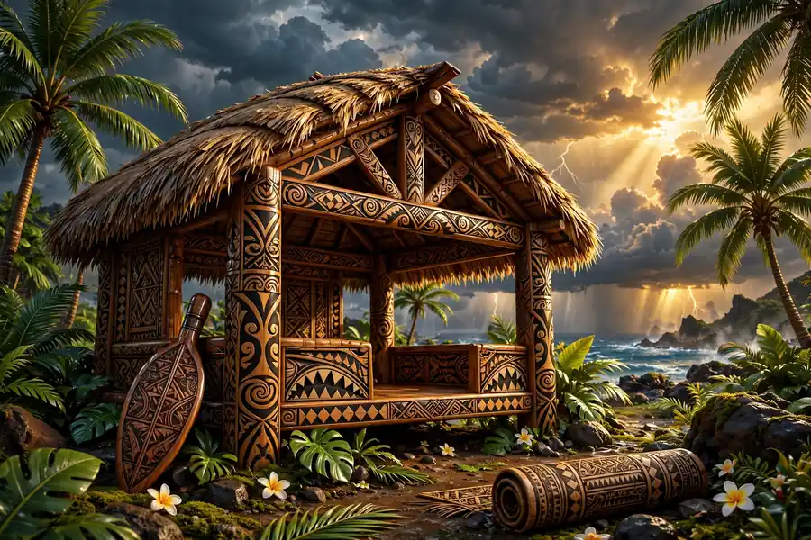 3D illustration of Samoan cultural symbols and warrior motifs representing Max Holloway's Samoan heritage