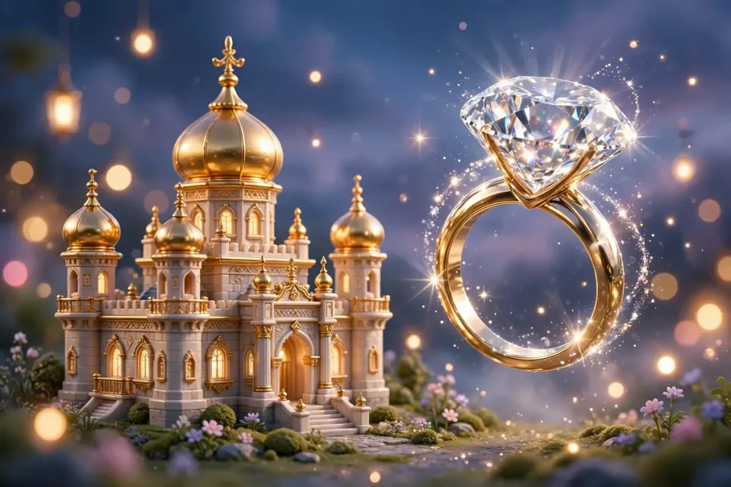 3D miniature royal palace with golden domes beside a floating diamond ring under twilight lights, evoking Meghan Markle's royal marriage