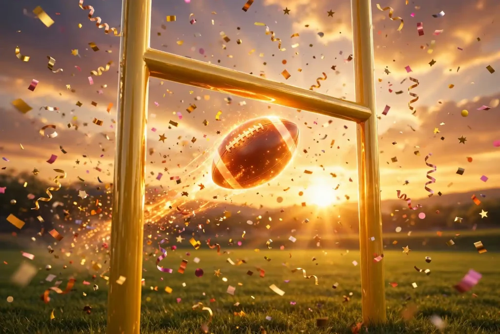 3D football goalposts at sunset with glowing football sailing through uprights