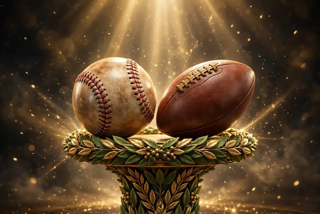3D vintage baseball and football on a laurel-wreath pedestal with golden rays